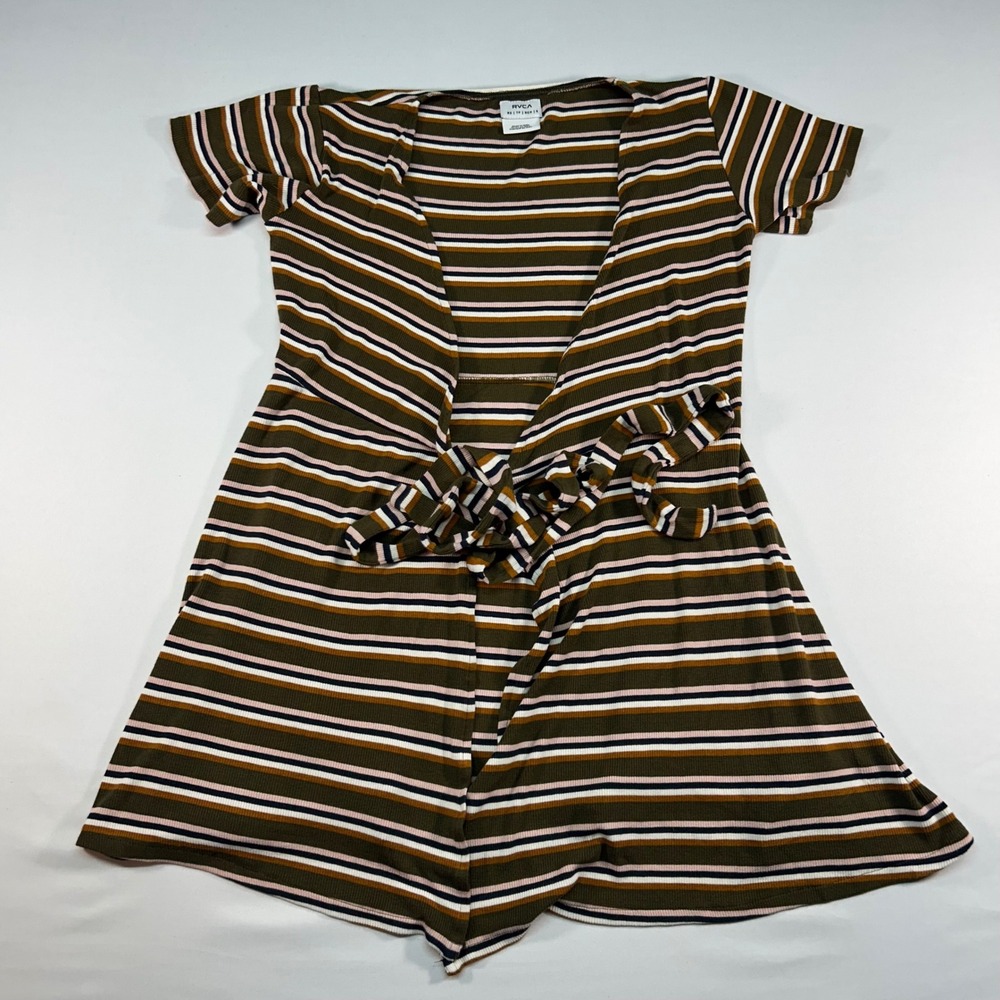 RVCA Womens Striped Ribbed Knit‎ Wrap Front Romper Olive Pink XS